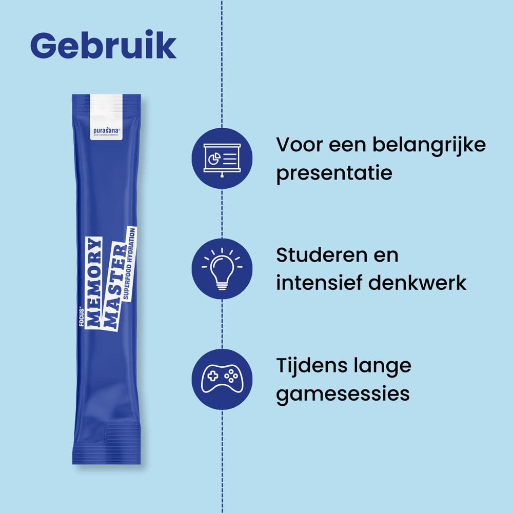 Blauw-witte doos. Opschrift "Memory Master" en "Purasana". Individuele verpakking van 10 sticks. Bosbessen.