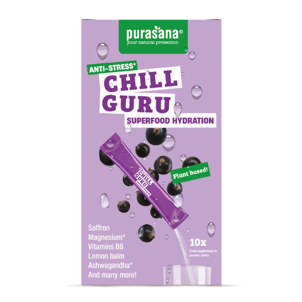 Boîte en carton lilas Purasana. Inscription : Chill Guru, Superfood Hydration. Sachet de sticks de poudre.