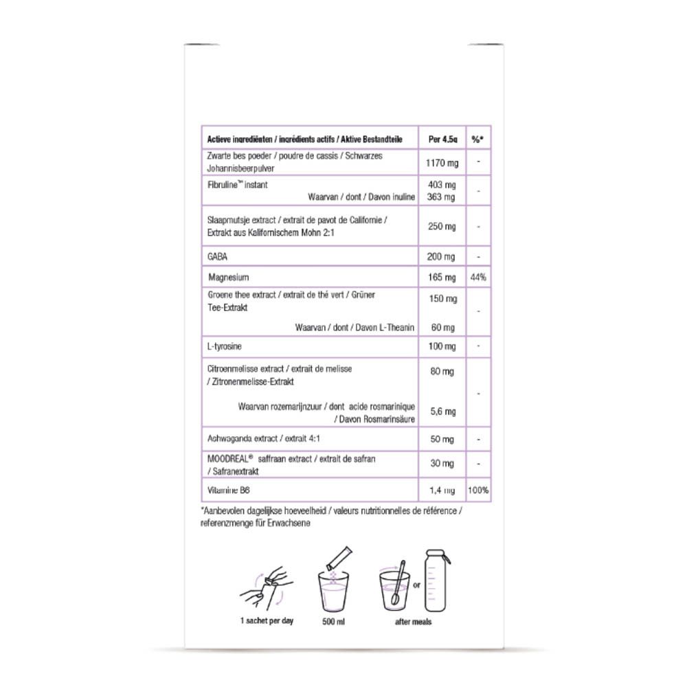 Achterkant van de kartonnen doos met ingrediëntenlijst en voedingswaarde. Illustraties van bereiding.