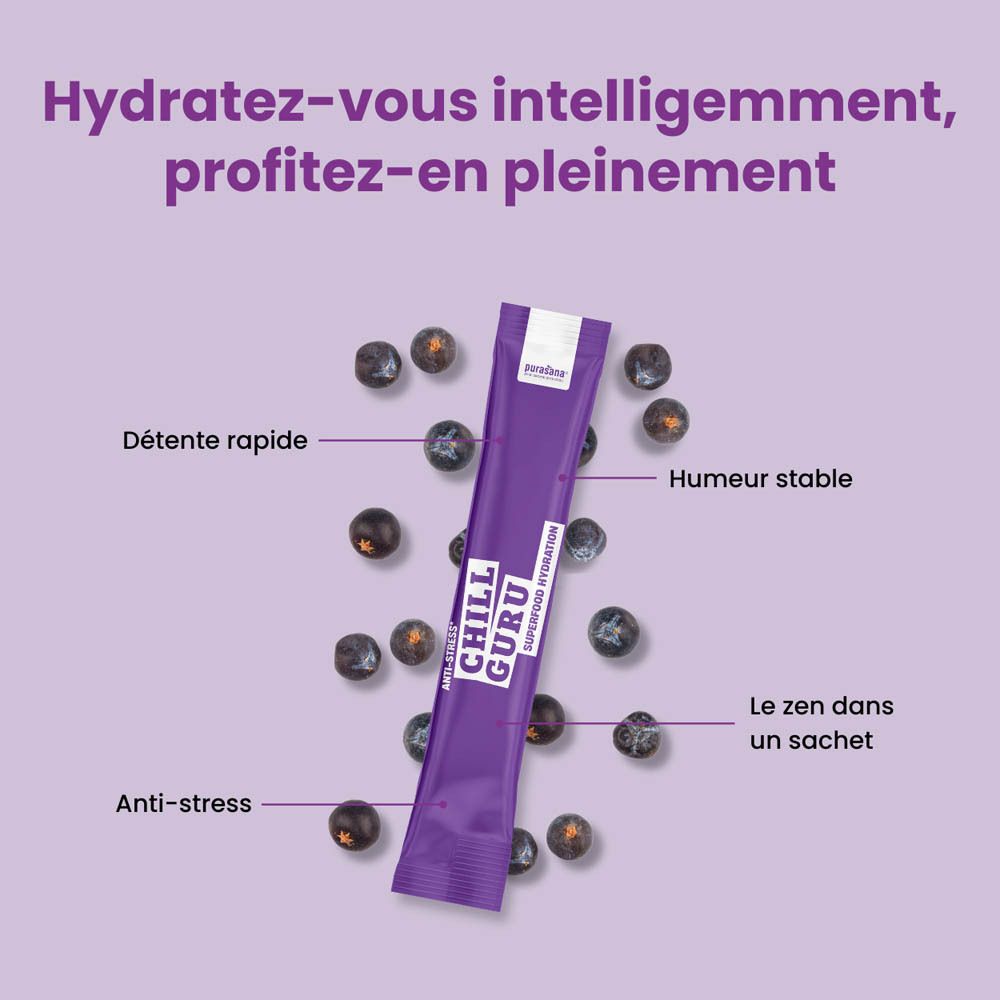 Boîte en carton lilas Purasana. Inscription : Chill Guru, Superfood Hydration. Sachet de sticks de poudre.