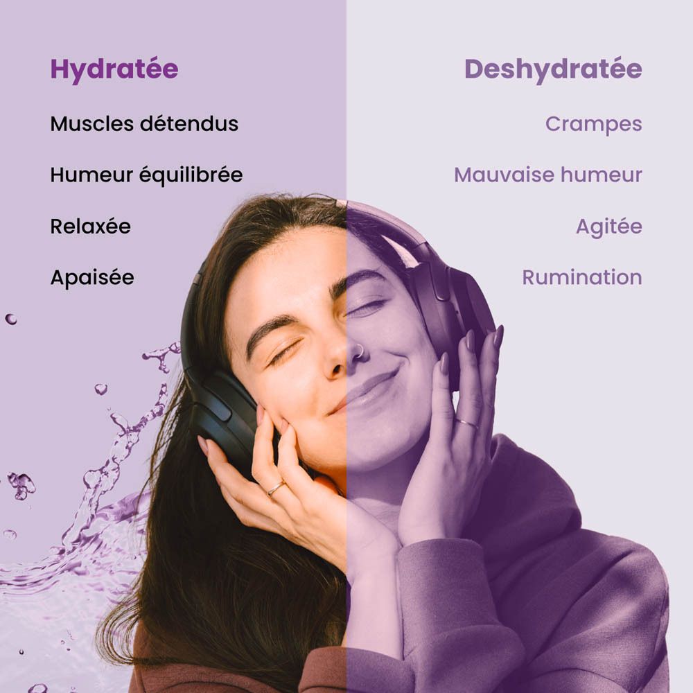 Boîte en carton lilas Purasana. Inscription : Chill Guru, Superfood Hydration. Sachet de sticks de poudre.