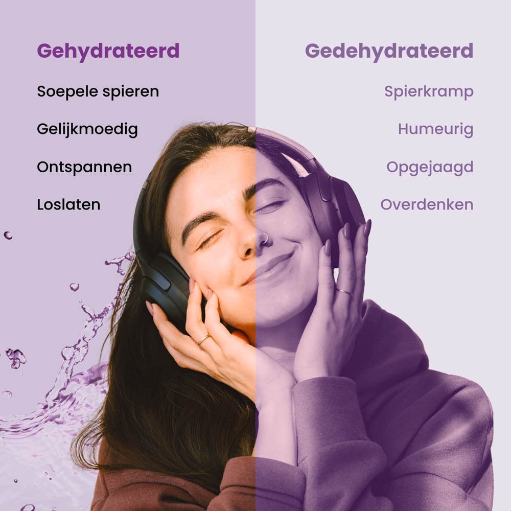 Paarse kartonnen doos Purasana. Opschrift: Chill Guru, Superfood Hydration. Zakje met poedersticks.