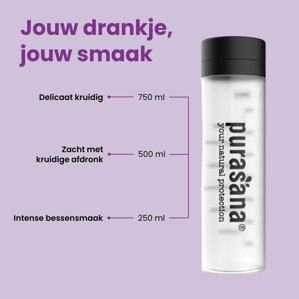 Paarse kartonnen doos Purasana. Opschrift: Chill Guru, Superfood Hydration. Zakje met poedersticks.