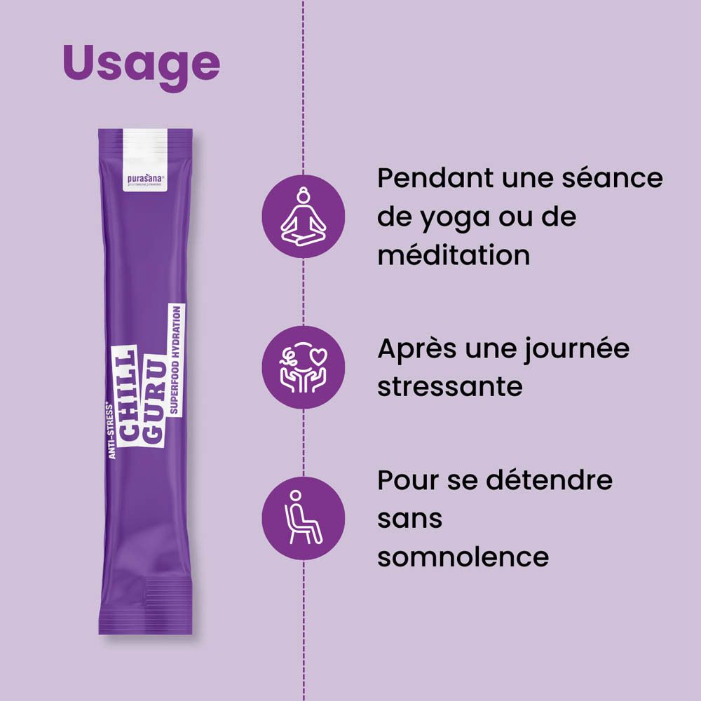 Boîte en carton lilas Purasana. Inscription : Chill Guru, Superfood Hydration. Sachet de sticks de poudre.