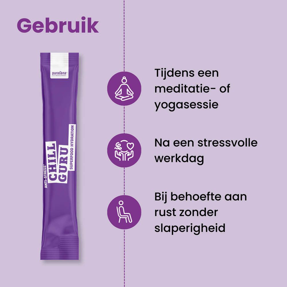 Paarse kartonnen doos Purasana. Opschrift: Chill Guru, Superfood Hydration. Zakje met poedersticks.