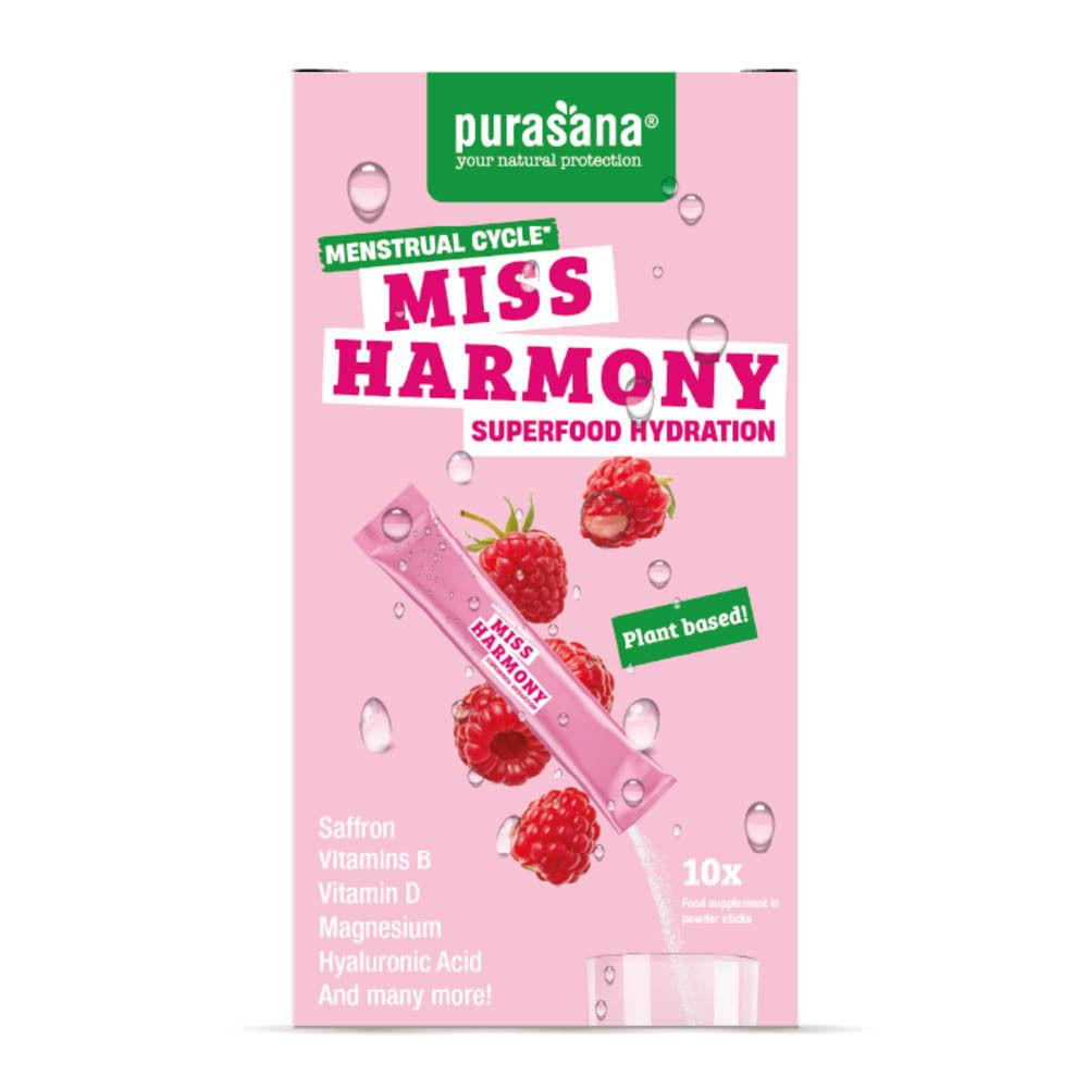 Roze doos met productafbeelding, frambozen en een zakje. Tekst: Miss Harmony, Superfood Hydration.