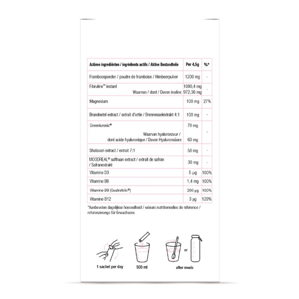 Achterkant van de roze doos met ingrediëntenlijst. Tekst: Miss Harmony, Superfood Hydration.