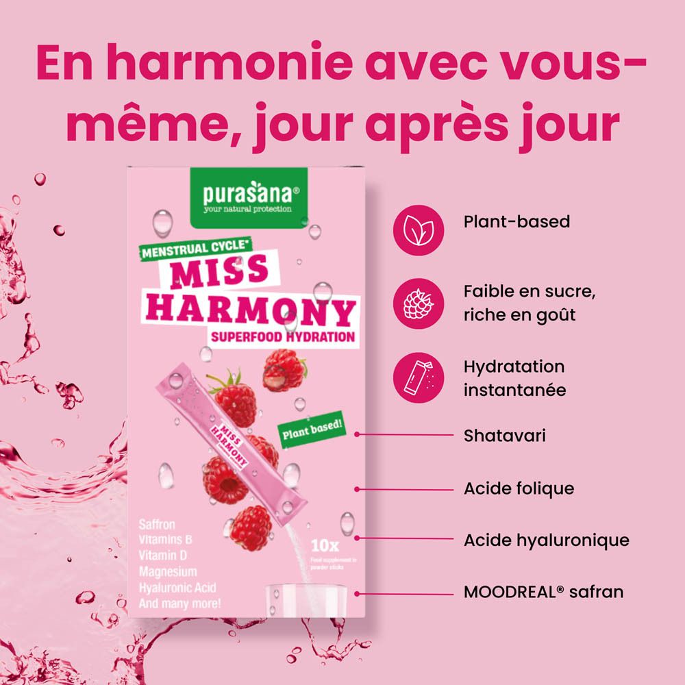 Boîte rose avec texte et informations sur le produit. Texte: Miss Harmony, Superfood Hydration.