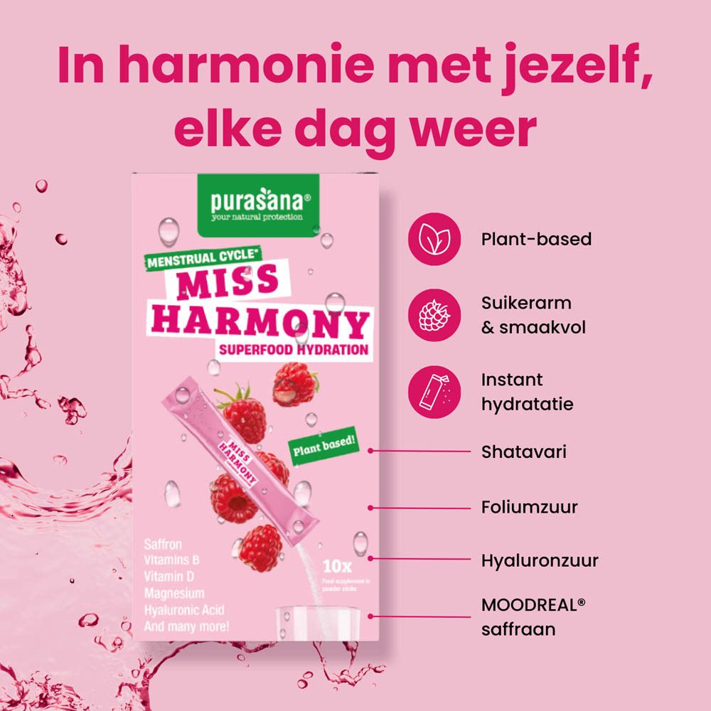 Roze doos met tekst en productinformatie. Tekst: Miss Harmony, Superfood Hydration.