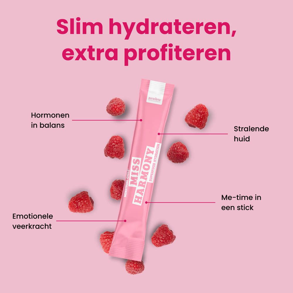 Roze doos met productafbeelding, frambozen en een zakje. Tekst: Miss Harmony, Superfood Hydration.