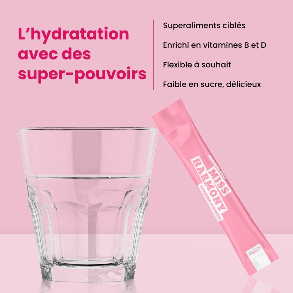 Boîte rose avec image du produit, framboises et sachet. Texte: Miss Harmony, Superfood Hydration.
