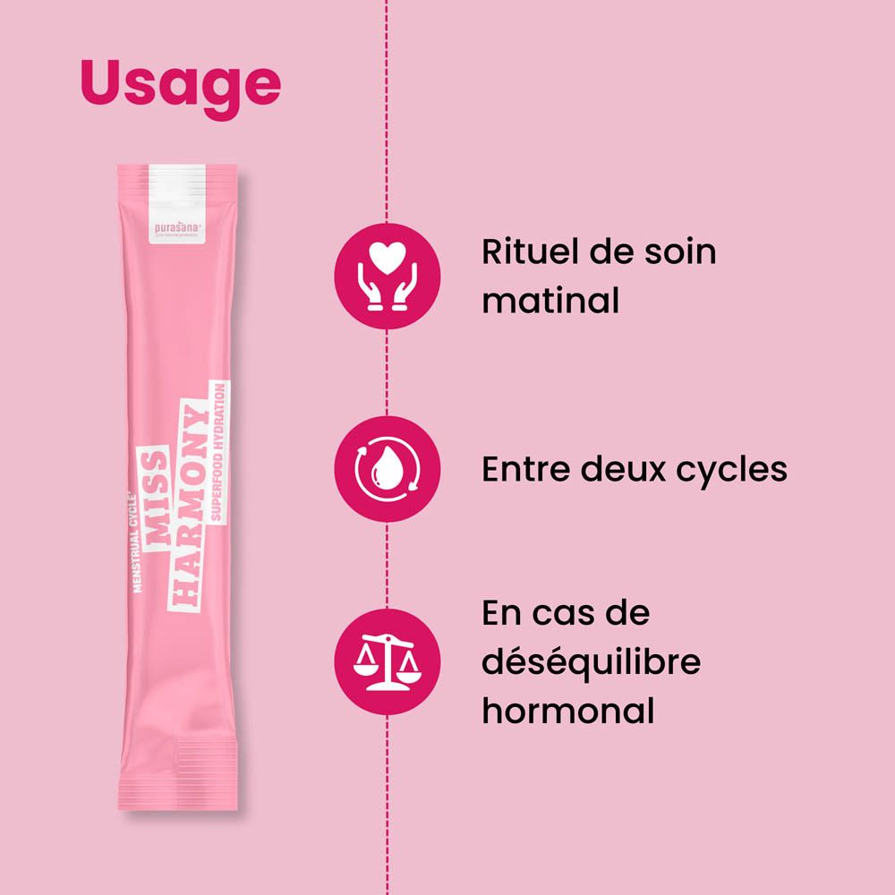 Boîte rose avec image du produit, framboises et sachet. Texte: Miss Harmony, Superfood Hydration.