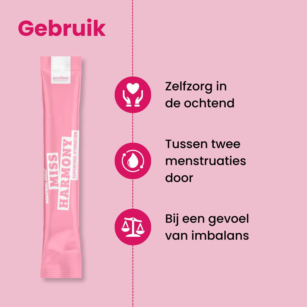 Roze doos met productafbeelding, frambozen en een zakje. Tekst: Miss Harmony, Superfood Hydration.