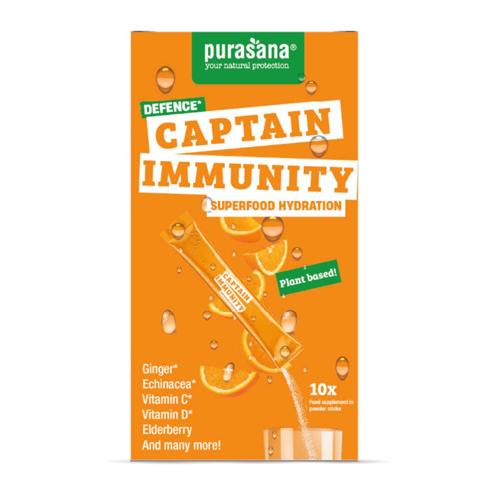 Boîte orange avec produit. Inscription: Captain Immunity, Superfood Hydration. Contient 10 sticks.