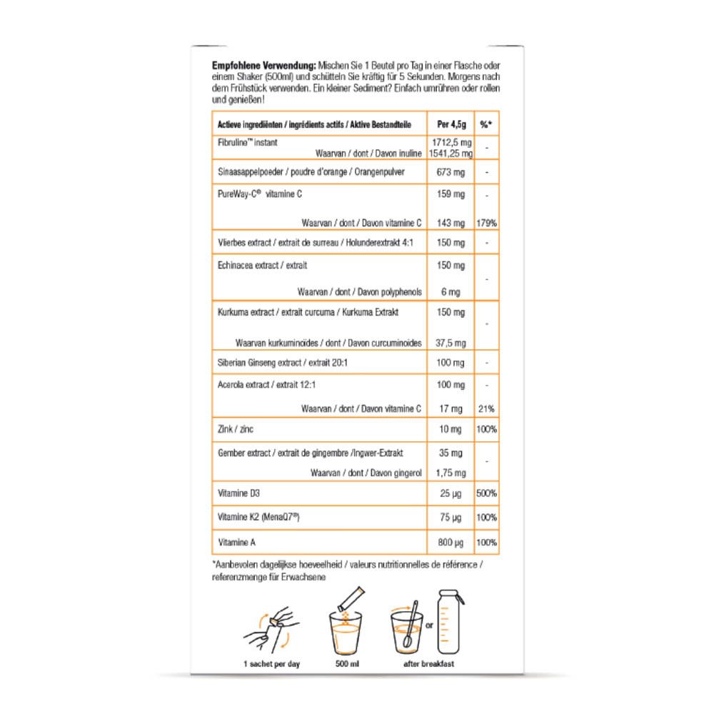 Emballage du produit avec texte et illustrations. Contient des informations sur les ingrédients et les valeurs nutritionnelles.