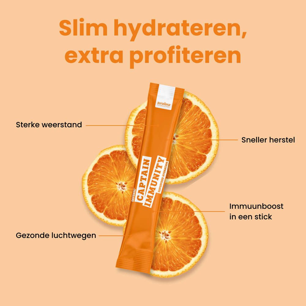 Oranje doos met product. Opschrift: Captain Immunity, Superfood Hydration. Bevat 10 sticks.