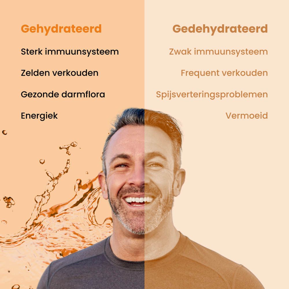 Oranje doos met product. Opschrift: Captain Immunity, Superfood Hydration. Bevat 10 sticks.