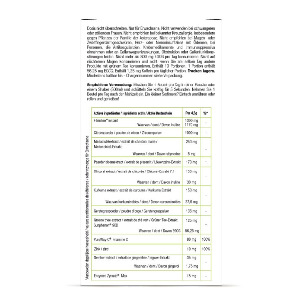 Achterkant van de productverpakking. Tekst met ingrediënten en voedingswaarde. Purasana D-Tox Hero.