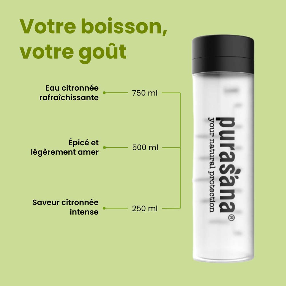 Dos de l'emballage du produit. Texte avec ingrédients et informations nutritionnelles. Purasana D-Tox Hero.