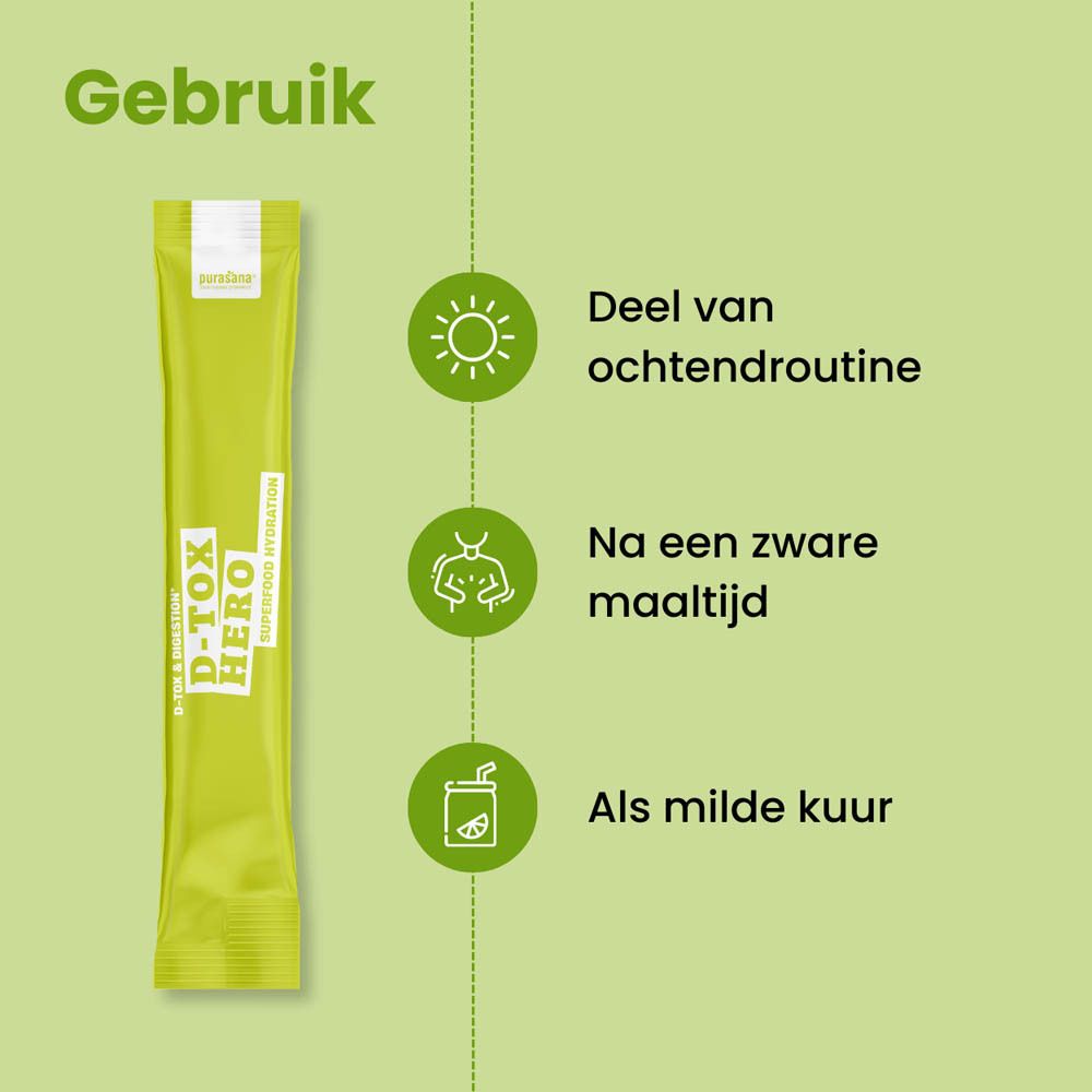 Groene doos met product. Opschrift: D-Tox Hero, Superfood Hydration. 10 sticks. Ingrediënten: Gember, Kurkuma, Enzymen, Vitamine C.