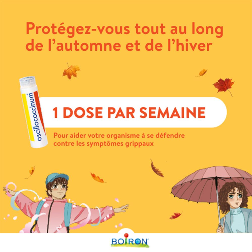 Fond jaune avec personnages de dessins animés. Tube d'Oscillococcinum. Texte : 1 dose par semaine.