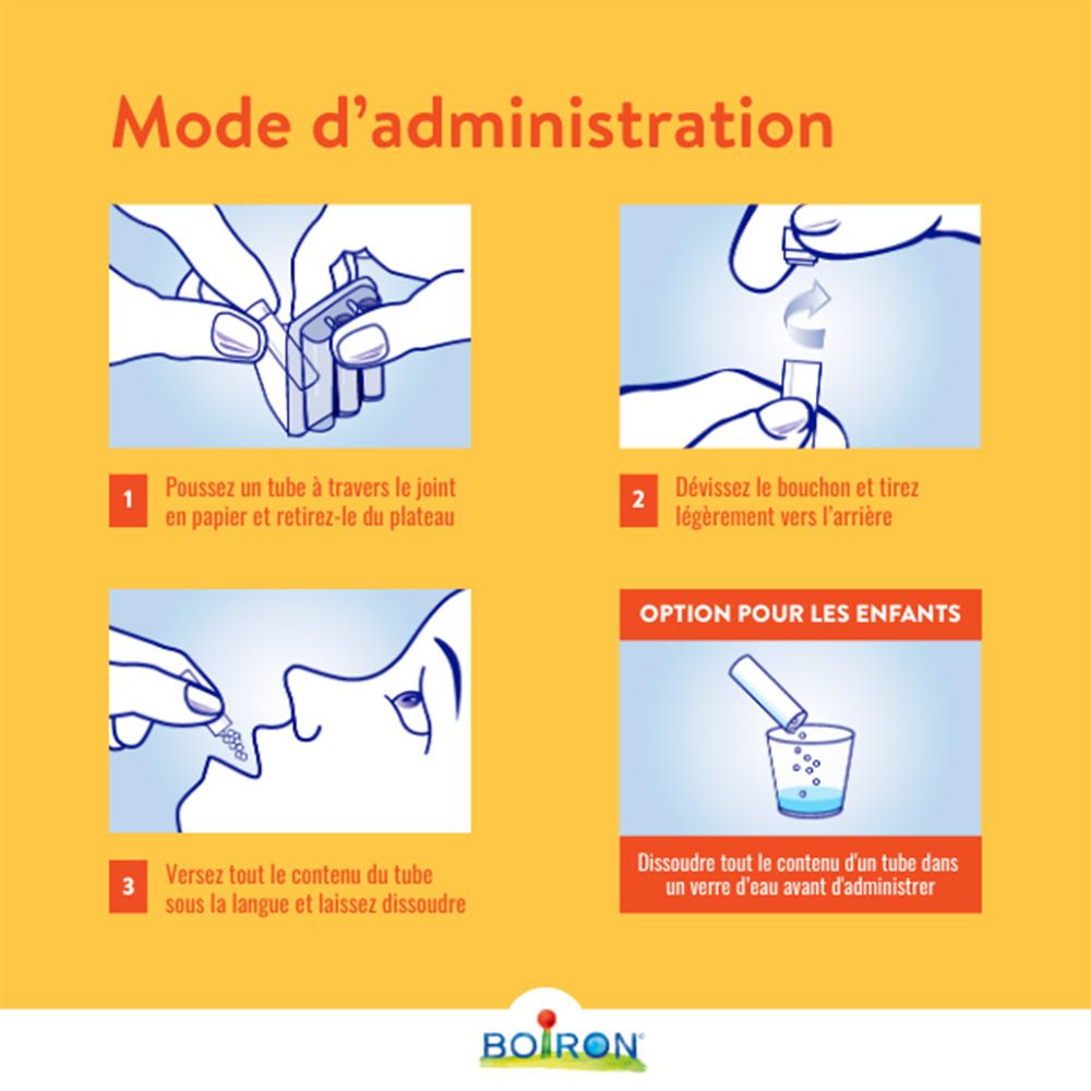 Fond jaune. Illustrations de l'utilisation d'Oscillococcinum. Marque Boiron.