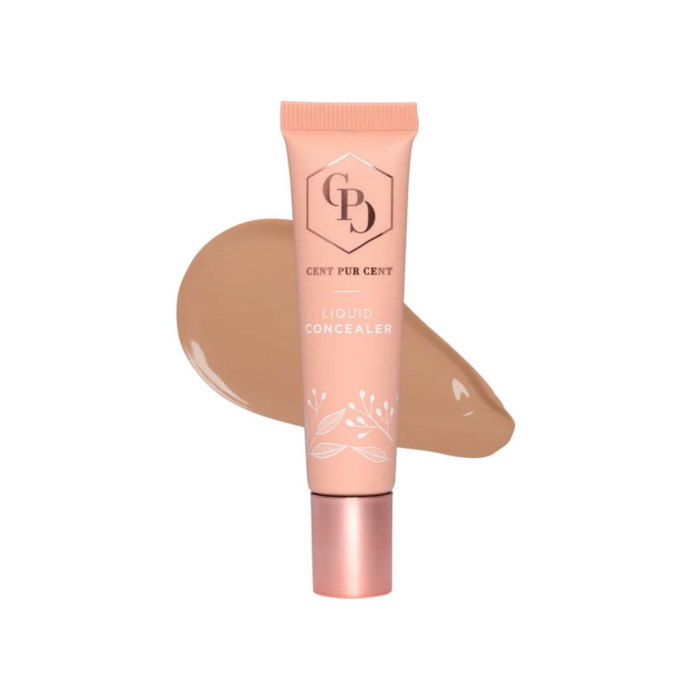 Beige tube met roségouden dop en product. Opschrift: CPD, Cent Pur Cent, Liquid Concealer. Productvoorbeeld.