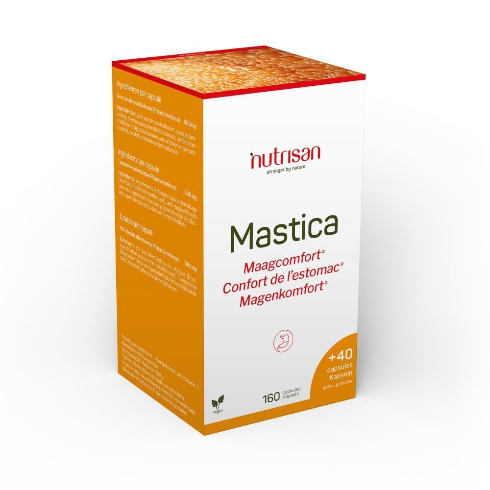 Emballage du produit. Inscription : Nutrisan, Mastica, Confort de l'estomac, 160 + 40 gélules gratuites.