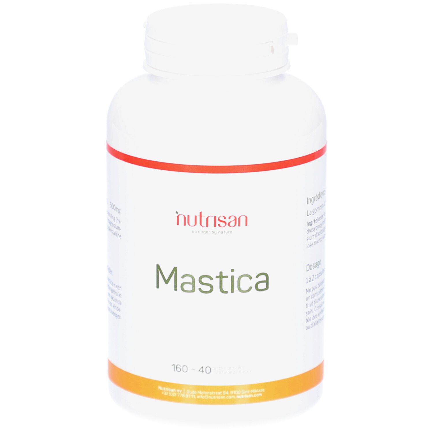 Witte fles met rode en oranje band. Opschrift: Nutrisan Mastica, 160+40. Capsules.