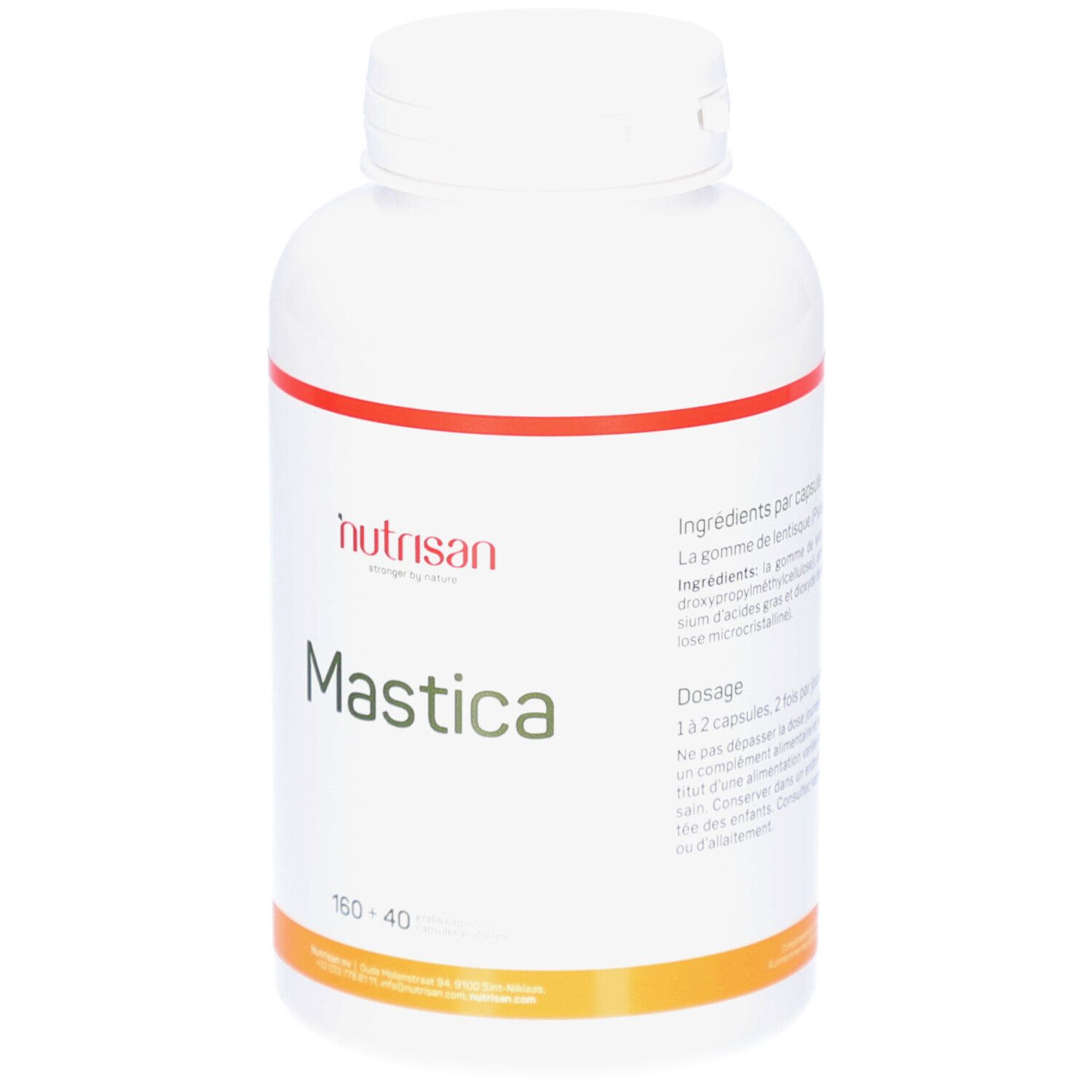 Witte fles met rode en oranje band. Opschrift: Nutrisan Mastica, 160+40. Capsules.