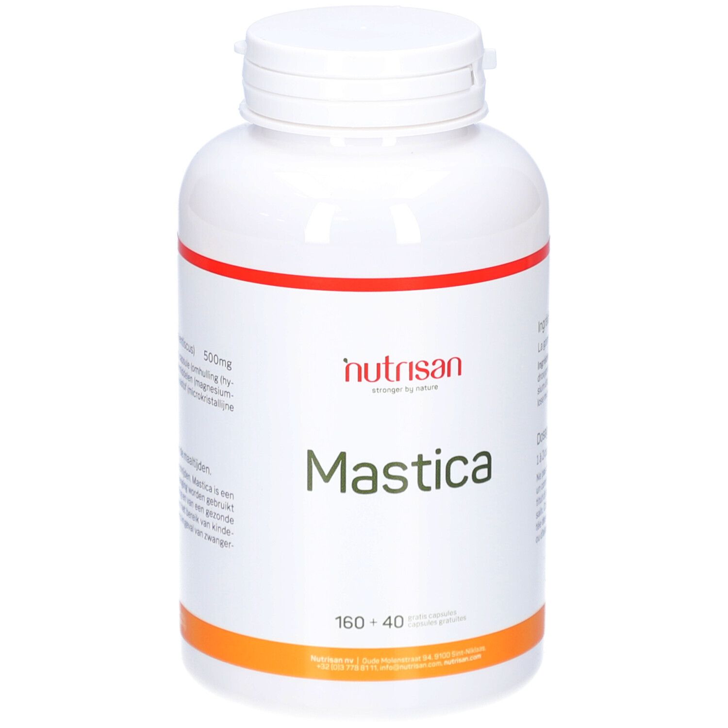 Witte fles met rode en oranje band. Opschrift: Nutrisan Mastica, 160+40. Capsules.