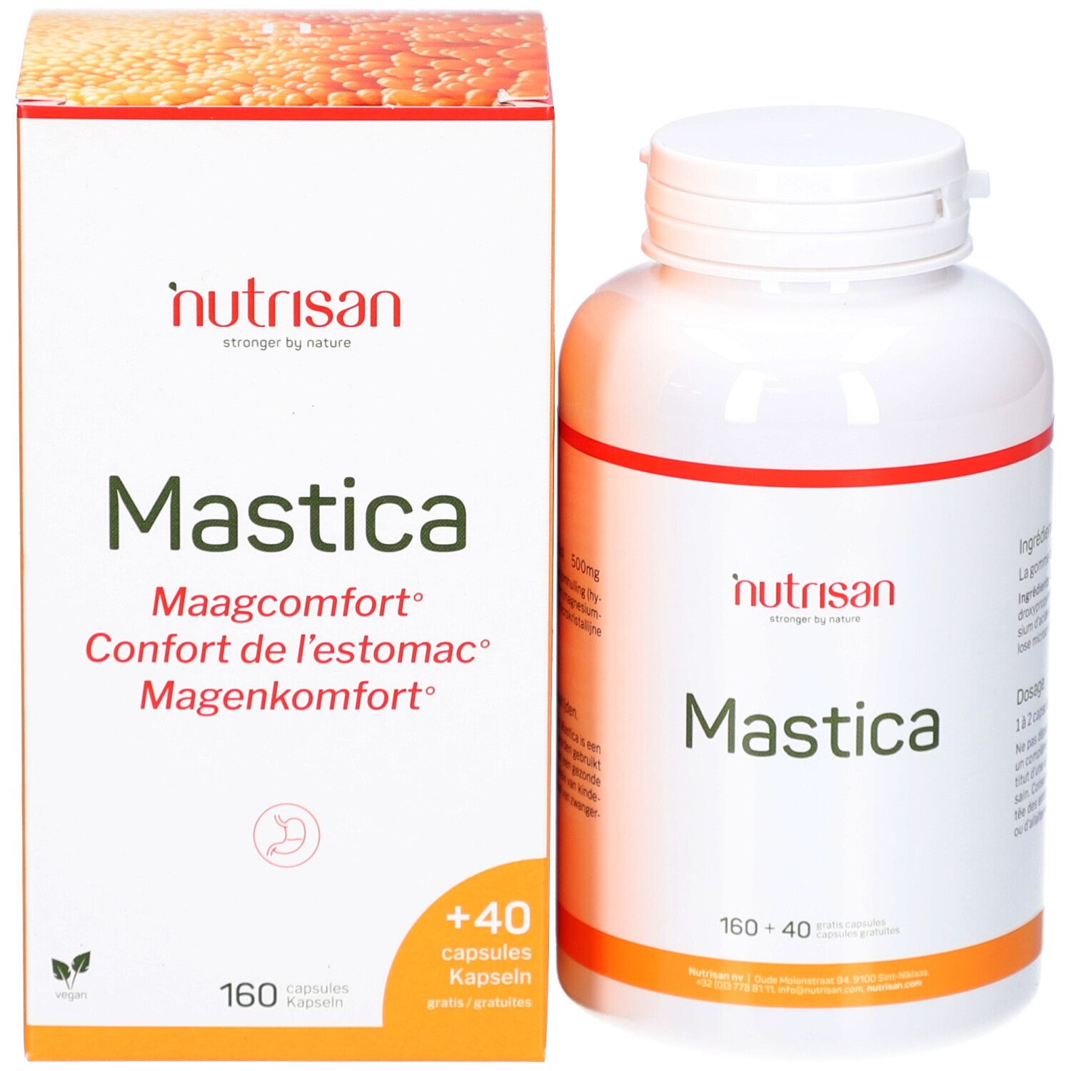 Productverpakking met fles. Opschrift: Nutrisan Mastica, 160+40. Capsules. Maagcomfort, Confort de l'estomac, Magenkomfort.