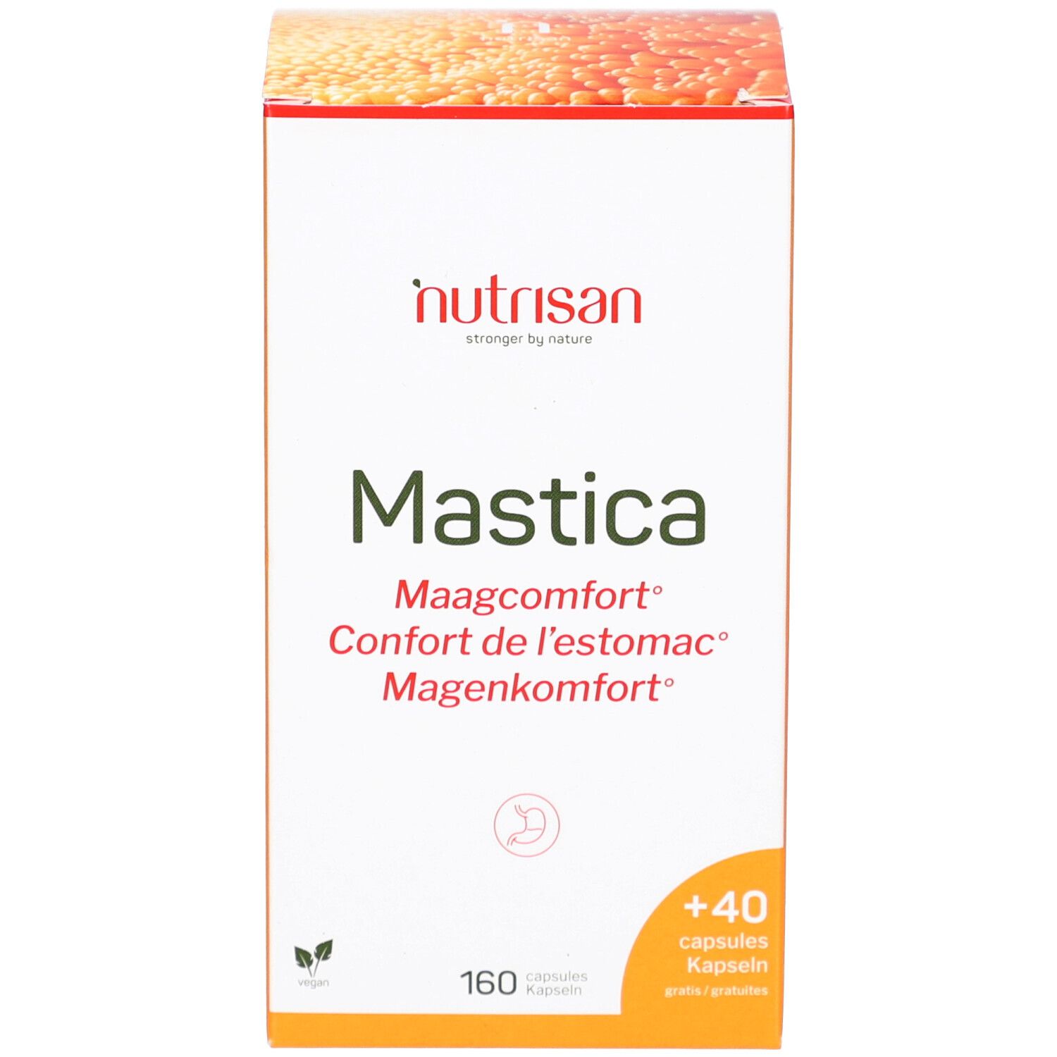 Productverpakking. Opschrift: Nutrisan Mastica, 160+40. Capsules. Maagcomfort, Confort de l'estomac, Magenkomfort.