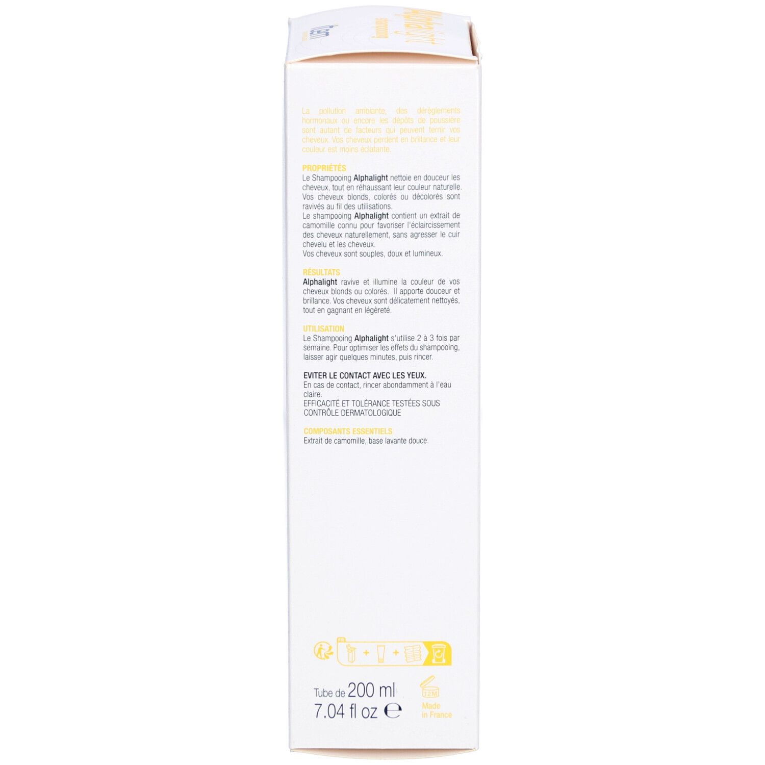 Zijkant van een witte doos met tekst. Bevat informatie over de Alphalight shampoo. Volume: 200 ml.