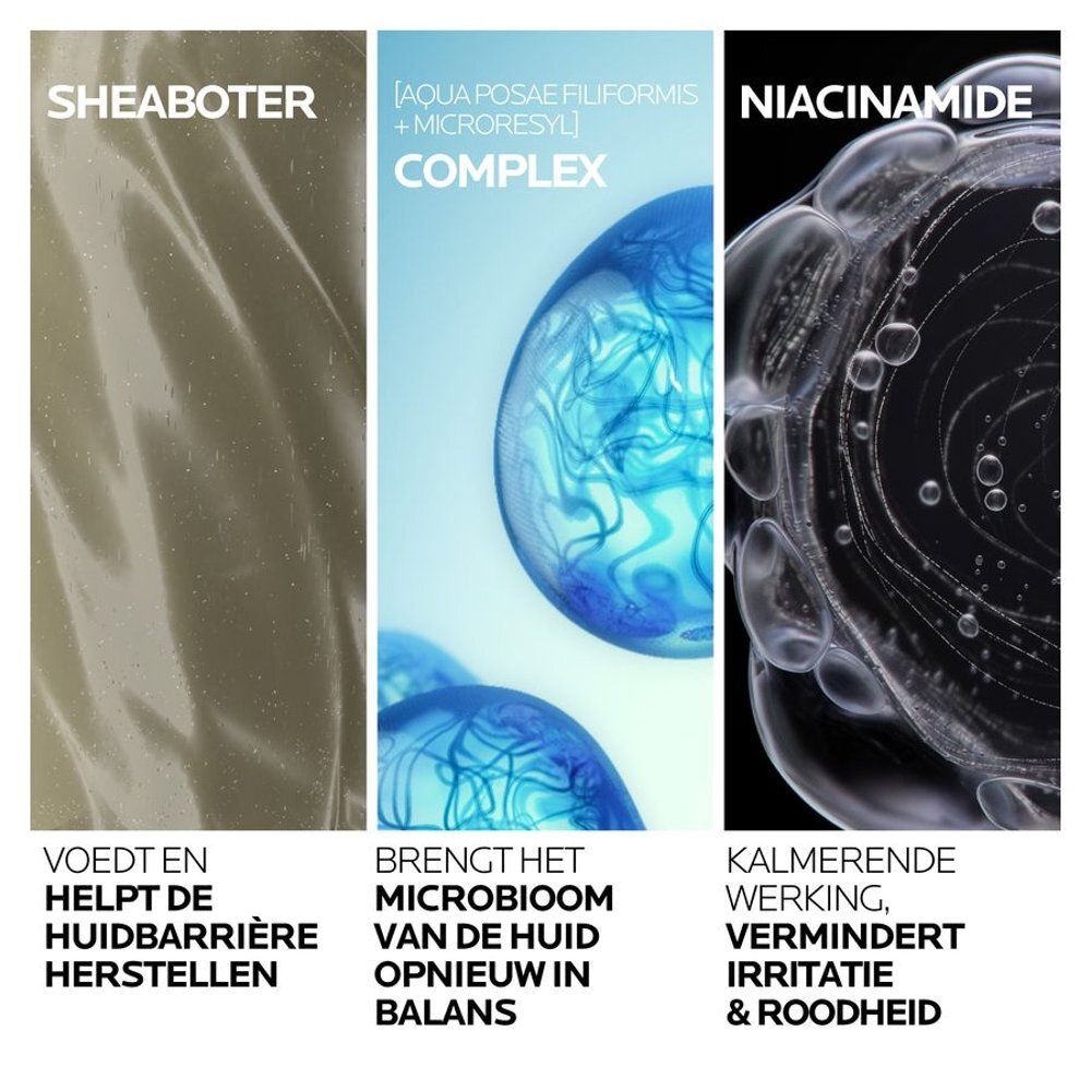 Drie afbeeldingen: Sheaboter, Aqua Posae Filiformis, Niacinamide. Tekst in het Nederlands.