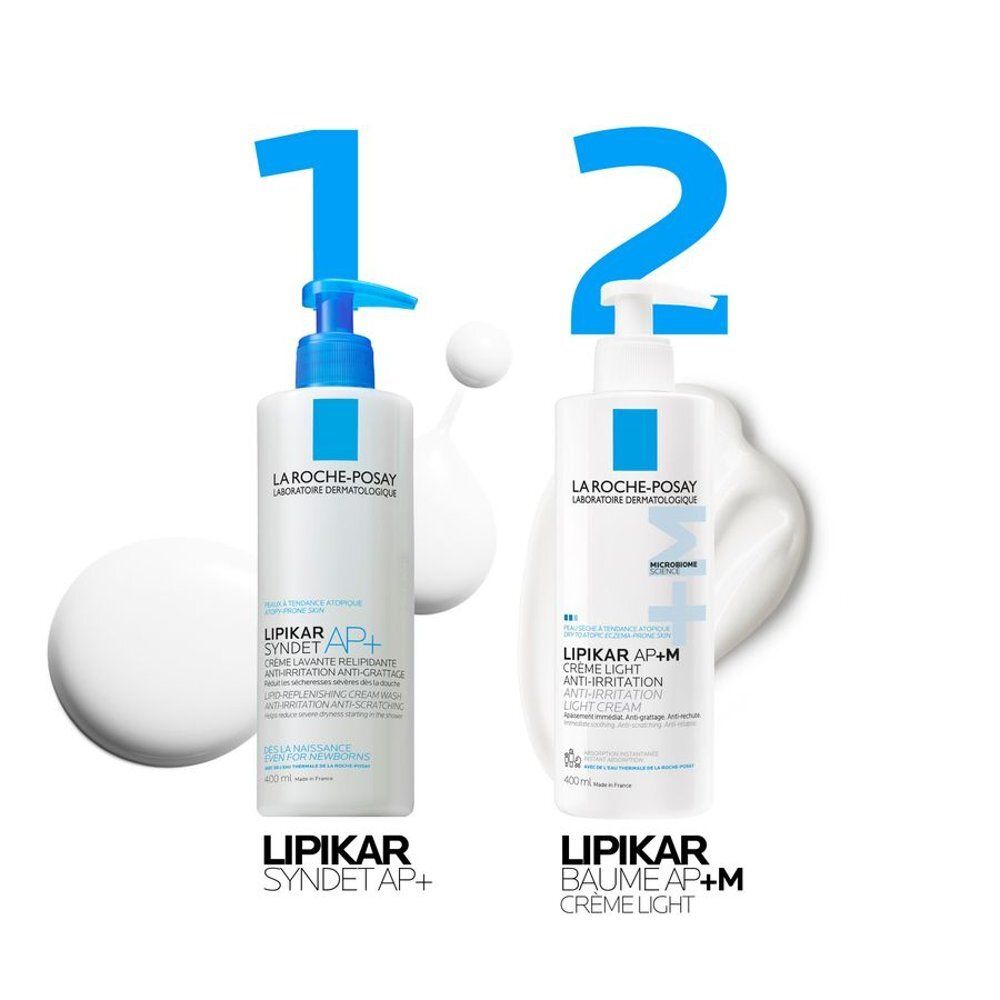 Twee producten naast elkaar. La Roche-Posay, Lipikar Syndet AP+ en Crème Light. Cijfers 1 en 2.