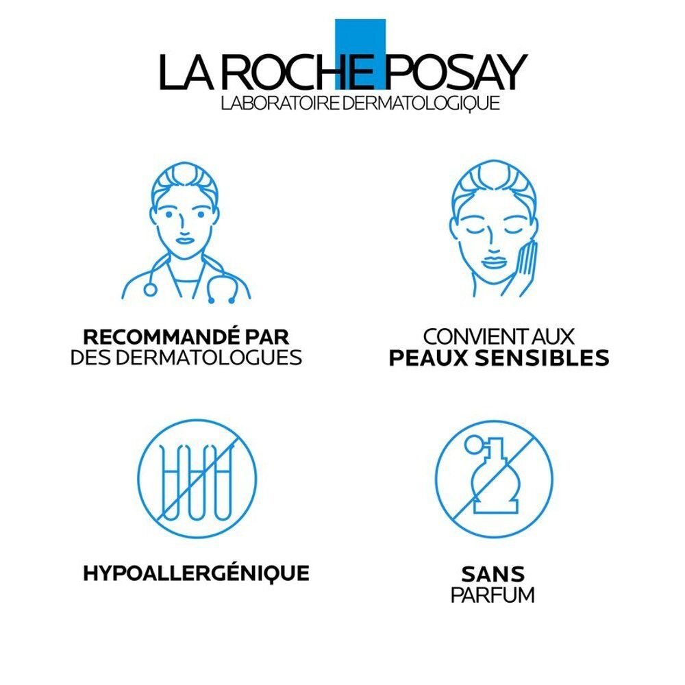 Symboles : Recommandé par les dermatologues, peaux sensibles, hypoallergénique, sans parfum. La Roche-Posay.