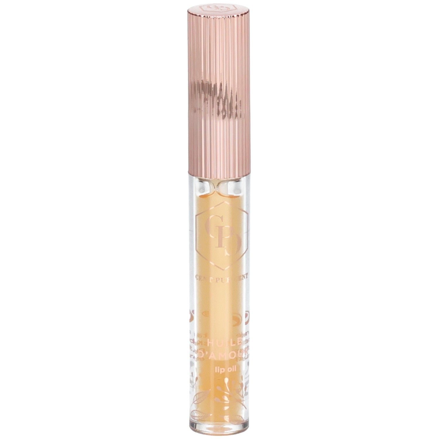 Lipolie met roségouden dop. Transparante houder met geelachtige vloeistof. Opschrift op de houder.
