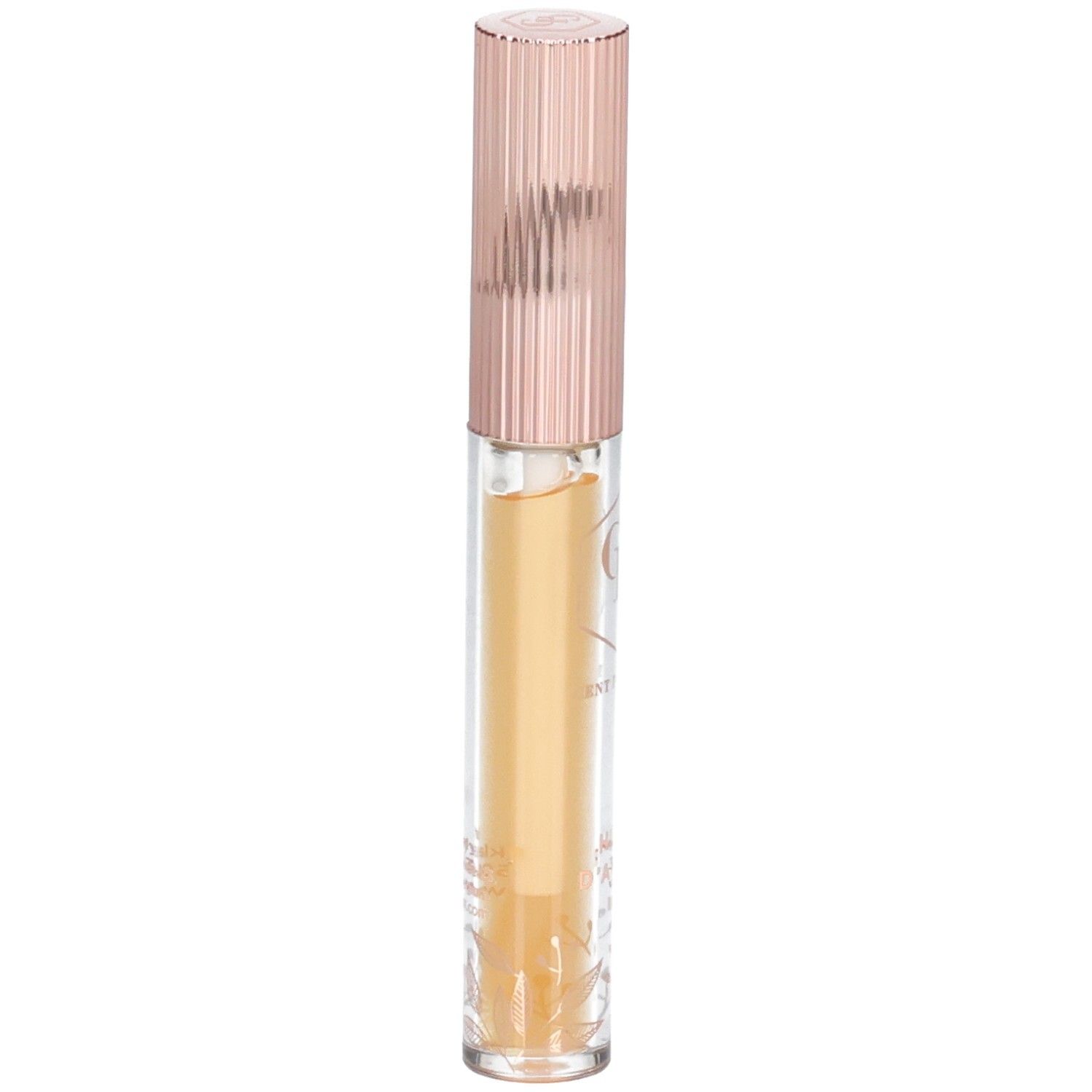 Lipolie met roségouden dop. Transparante houder met geelachtige vloeistof. Opschrift op de houder.