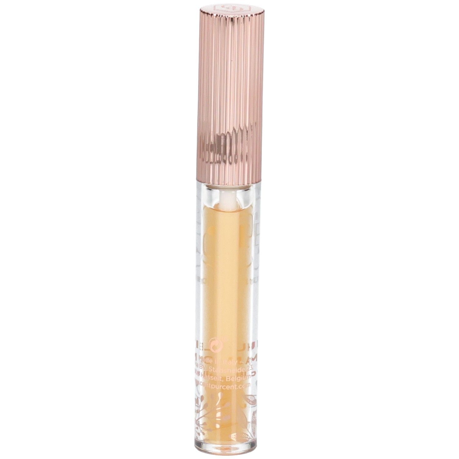 Lipolie met roségouden dop. Transparante houder met geelachtige vloeistof. Opschrift op de houder.