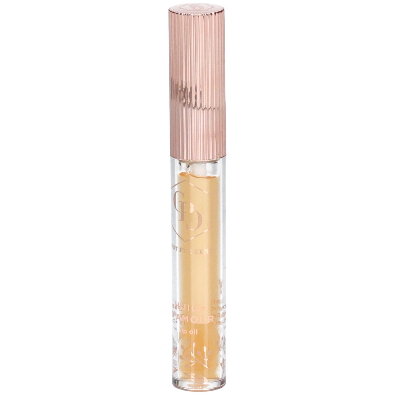 Lipolie met roségouden dop. Transparante houder met geelachtige vloeistof. Opschrift op de houder.