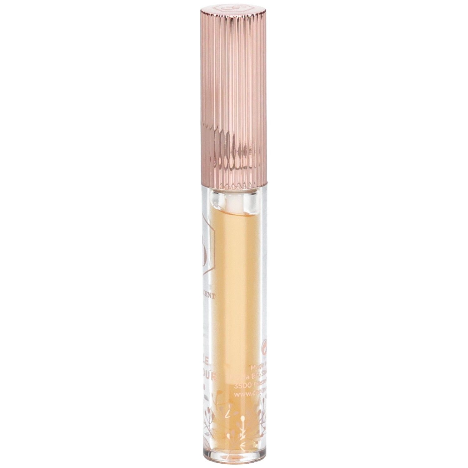 Lipolie met roségouden dop. Transparante houder met geelachtige vloeistof. Opschrift op de houder.