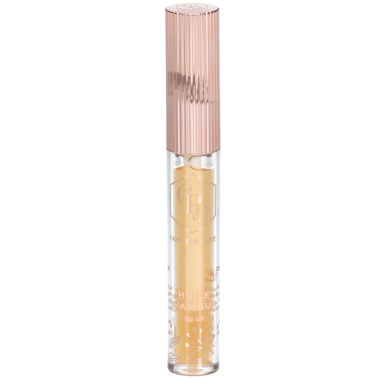 Lipolie met roségouden dop. Transparante houder met geelachtige vloeistof. Opschrift op de houder.