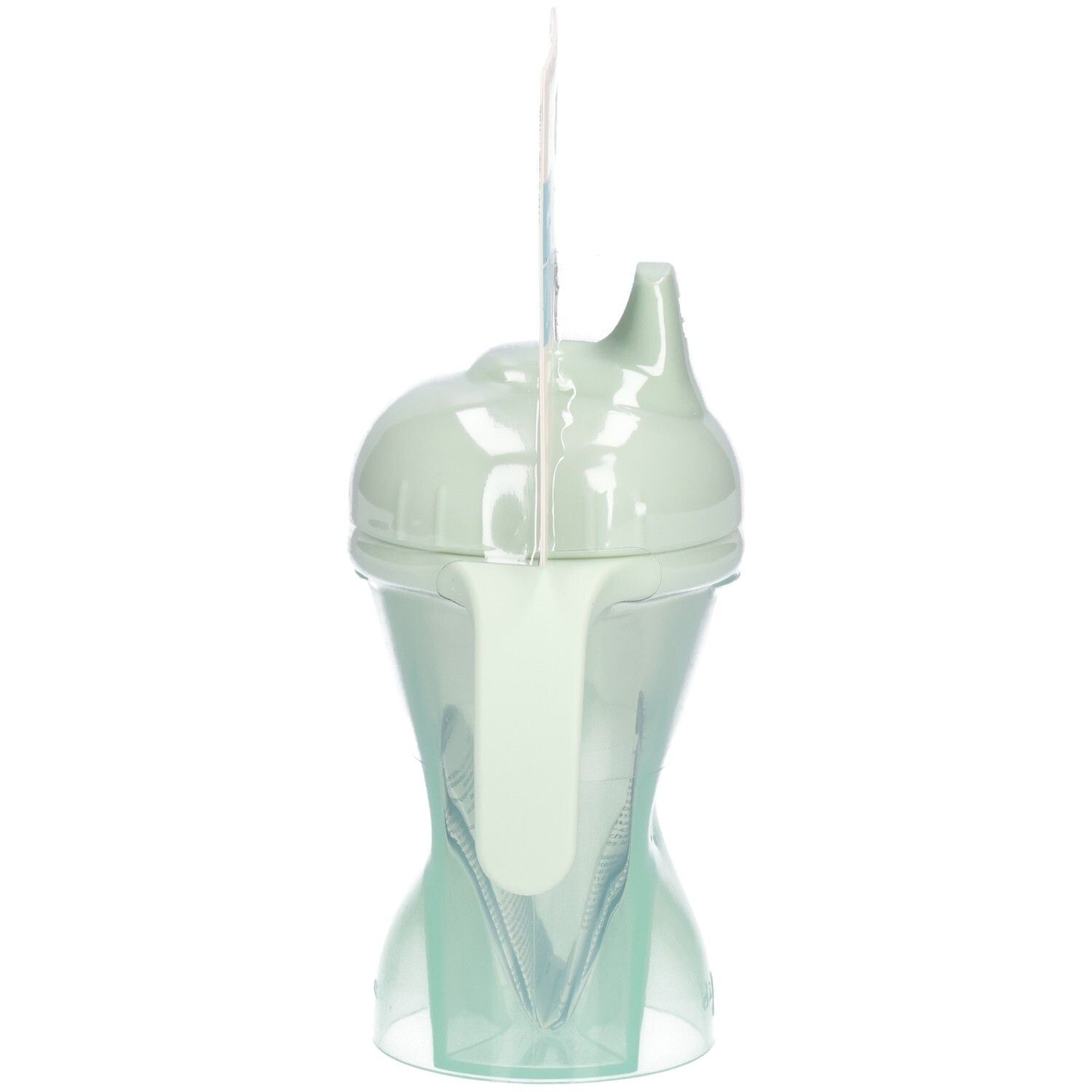 Zijaanzicht van de groene drinkbeker met zachte tuit, bevestigd aan een verpakkingskaart.