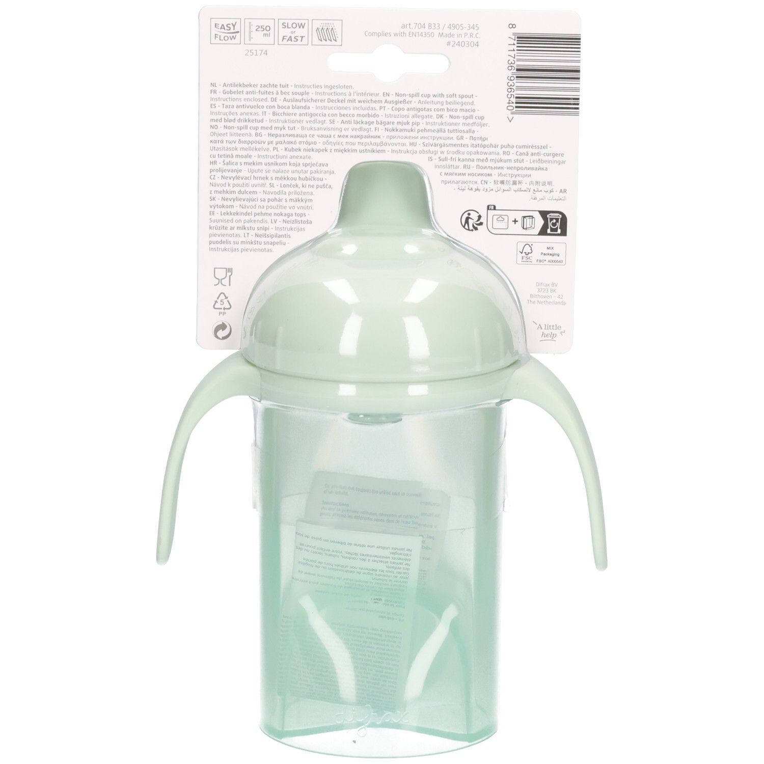 Groene drinkbeker met handvatten en zachte tuit, op een verpakkingskaart met productinformatie.