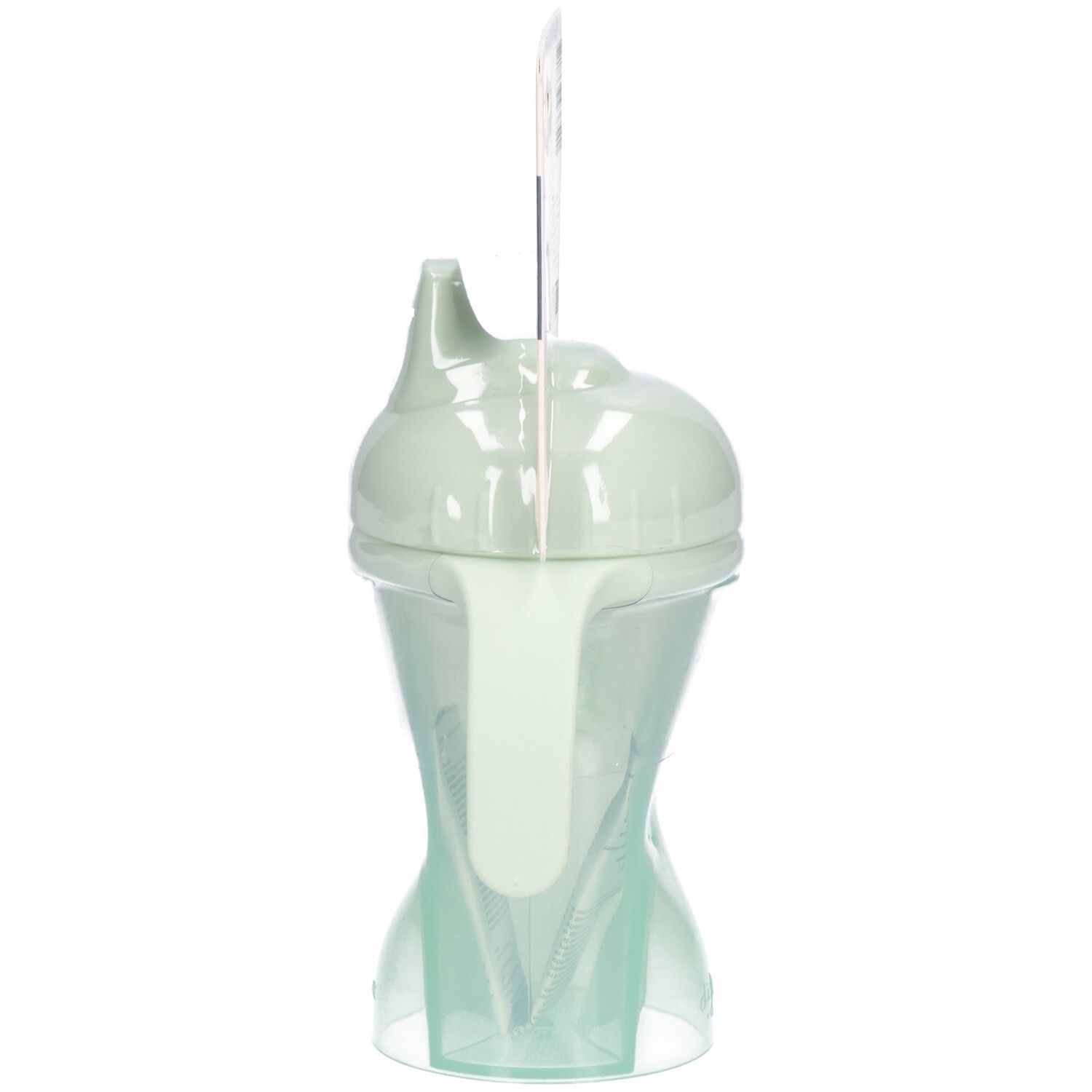 Zijaanzicht van de groene drinkbeker met zachte tuit, bevestigd aan een verpakkingskaart.