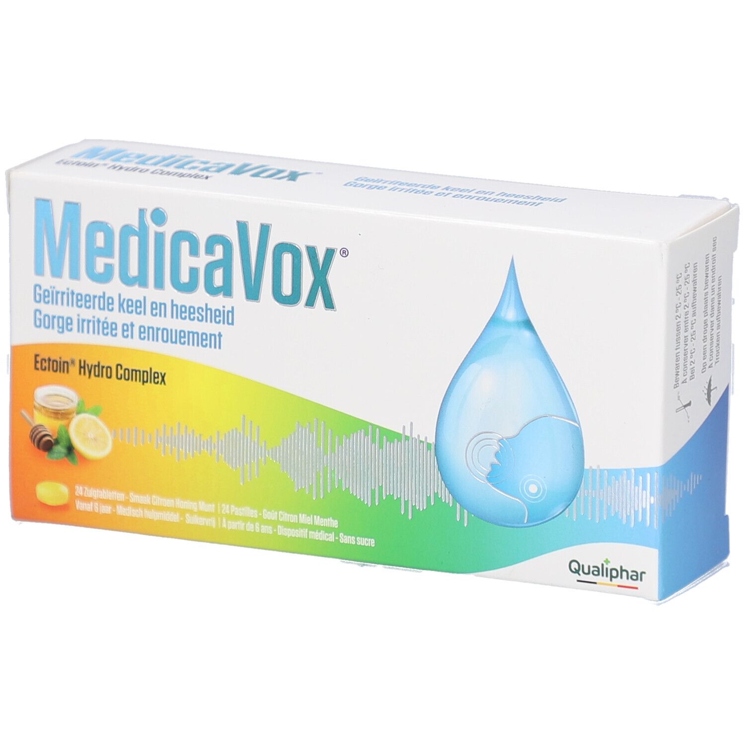 Boîte MedicaVox. Carton blanc avec motif goutte bleue. Texte: MedicaVox, Ectoin Hydro Complex, Gorge irritée et enrouement.