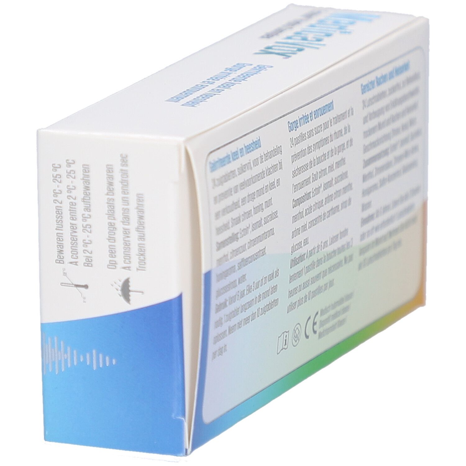 Boîte MedicaVox en biais. Texte et graphique bleu. Instructions de stockage. Marquage CE.