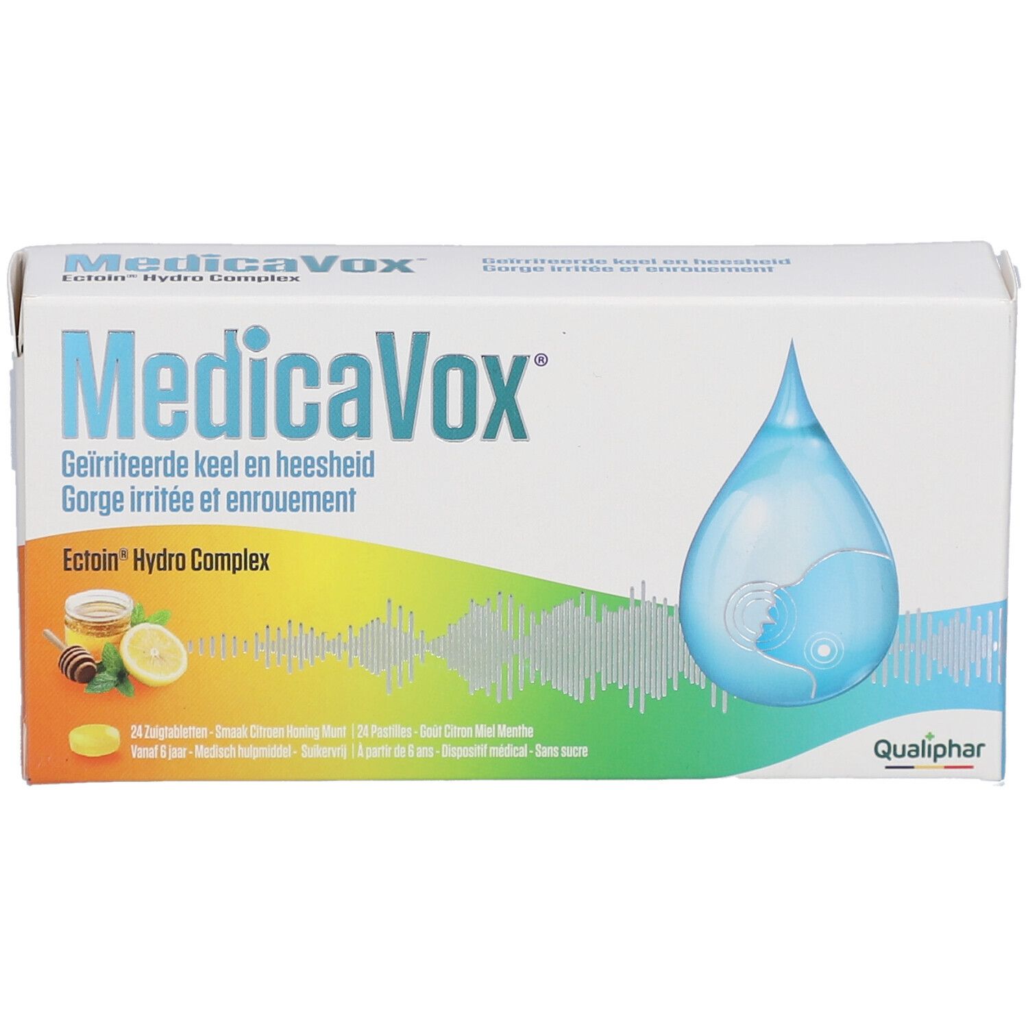 Boîte MedicaVox. Carton blanc avec motif goutte bleue. Texte: MedicaVox, Ectoin Hydro Complex, Gorge irritée et enrouement.