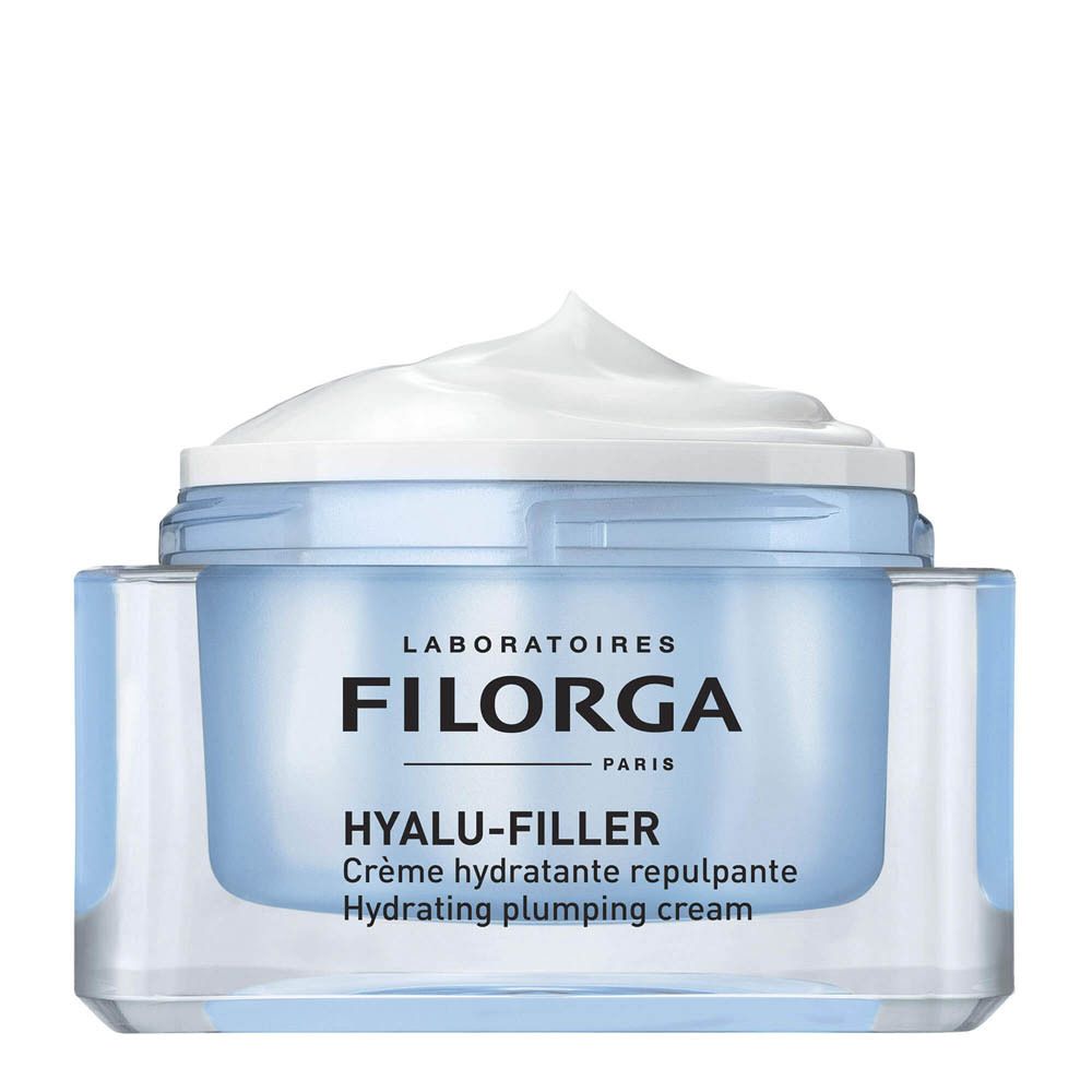 Pot de crème avec contenu bleu. Logo FILORGA et nom du produit HYALU-FILLER. Couvercle blanc.